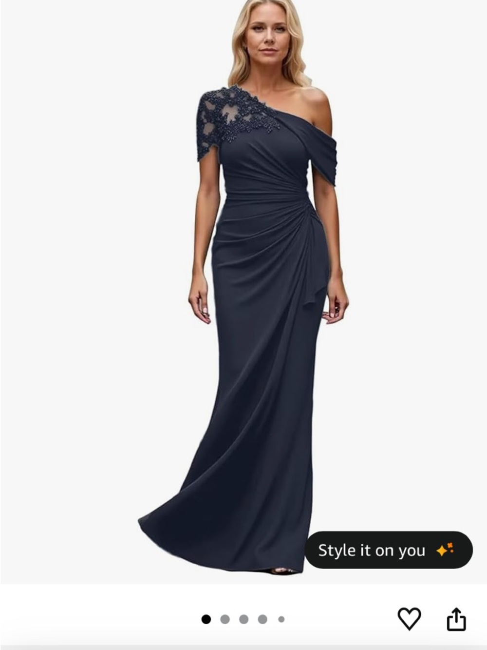 One-Shoulder Navy Evening Dress with Lace Embellished Shoulder